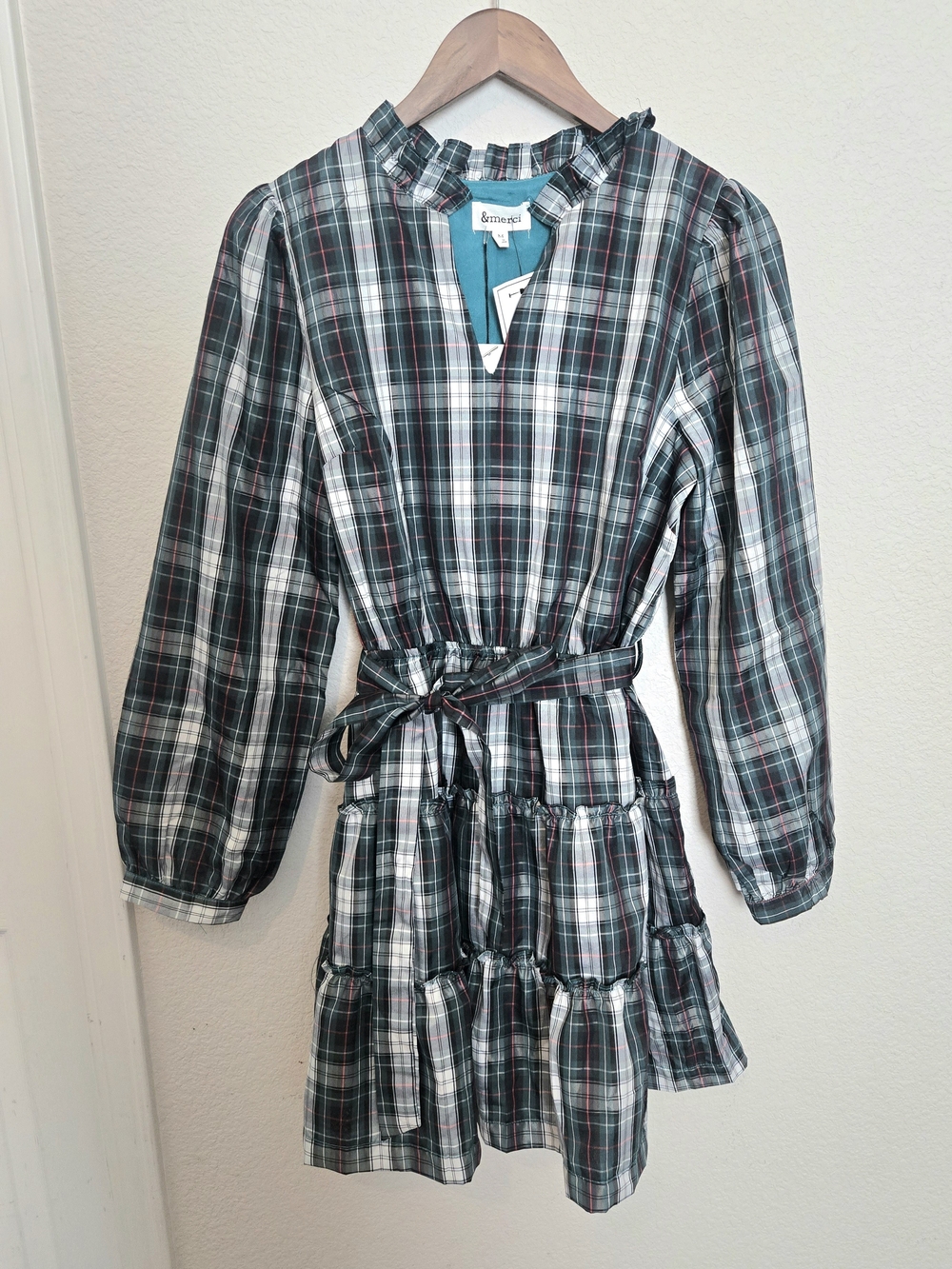 Plaid Tiered Belted Casual Dress in Green